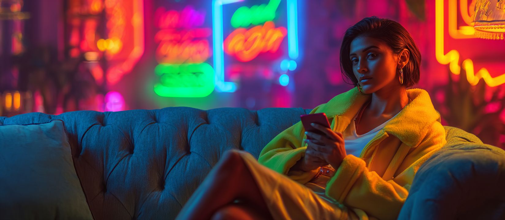 Download the 555WWW App and play anywhere Stylish woman in neon casino lounge using smartphone for 555WWW Casino mobile app