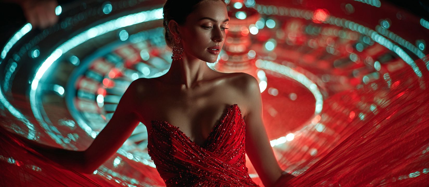 Enter 555WWW Casino and experience real glamour Elegant woman in red sparkling dress posing in front of glowing roulette wheel at 555WWW Casino