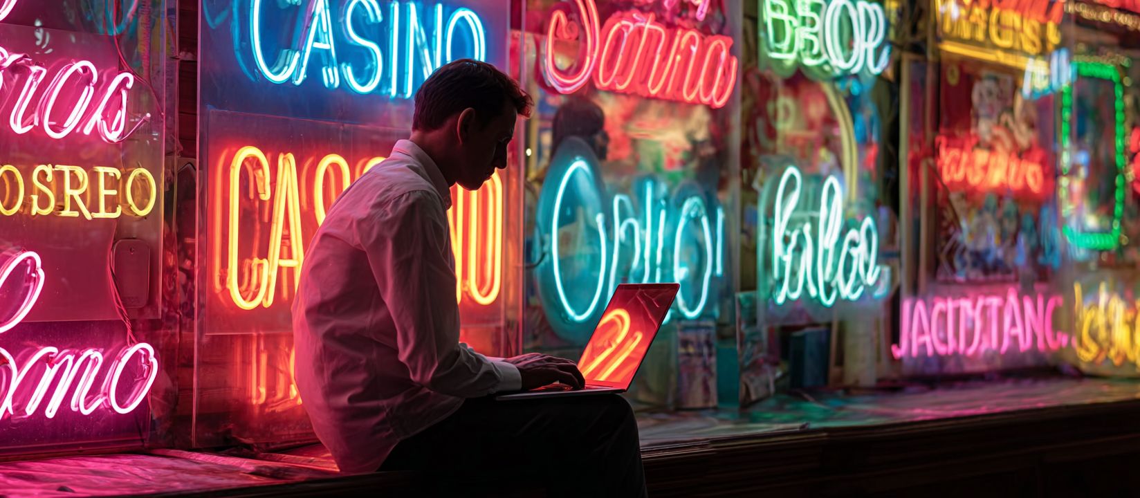 Play exciting online casino games at 555WWW today Man with laptop surrounded by bright neon casino signs exploring online games at 555WWW