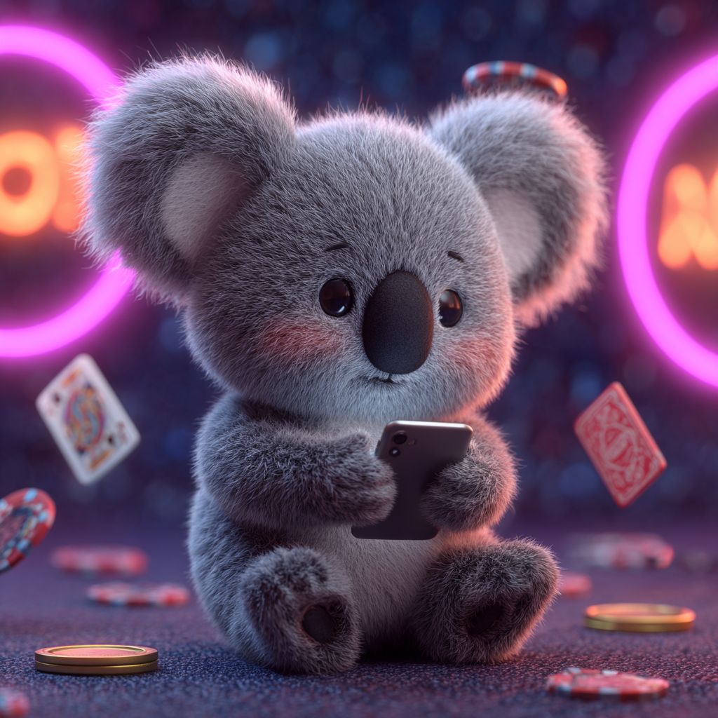 Download the 555WWW App and start winning today Cute koala mascot playing casino games on smartphone with poker chips and cards flying around at 555WWW online casino