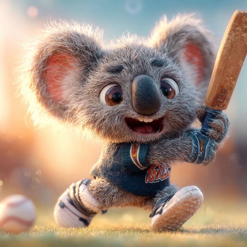 Bet on cricket and sports with 555WWW for real winnings Adorable koala mascot playing cricket full of energy, symbolizing excitement of sports betting at 555WWW