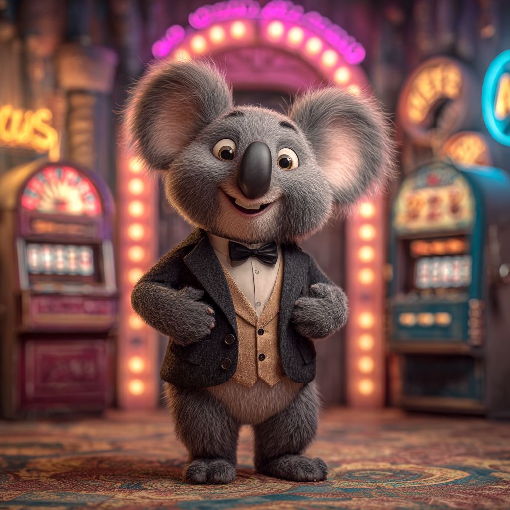 Enter 555WWW Casino and enjoy luxury gaming experience Koala mascot in elegant tuxedo standing in glamorous 555WWW casino with slot machines in the background