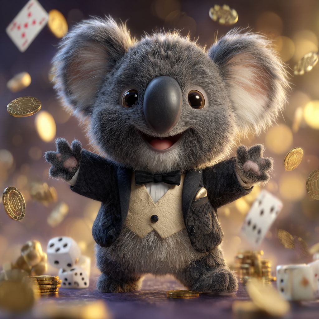 Play 555WWW Casino Games and win big prizes now Happy koala mascot in tuxedo surrounded by flying gold coins, dice and playing cards at 555WWW Casino games