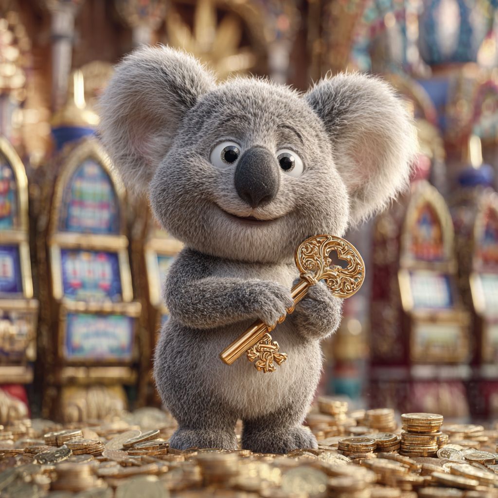 Login to 555WWW Casino and unlock your rewards Smiling koala mascot holding golden key standing on coins, representing access to 555WWW Casino