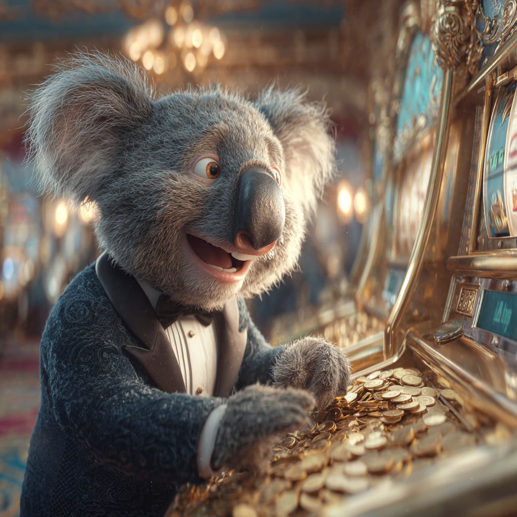 Spin the slots at 555WWW Casino and hit the jackpot Excited koala mascot in tuxedo playing slot machine overflowing with gold coins at 555WWW