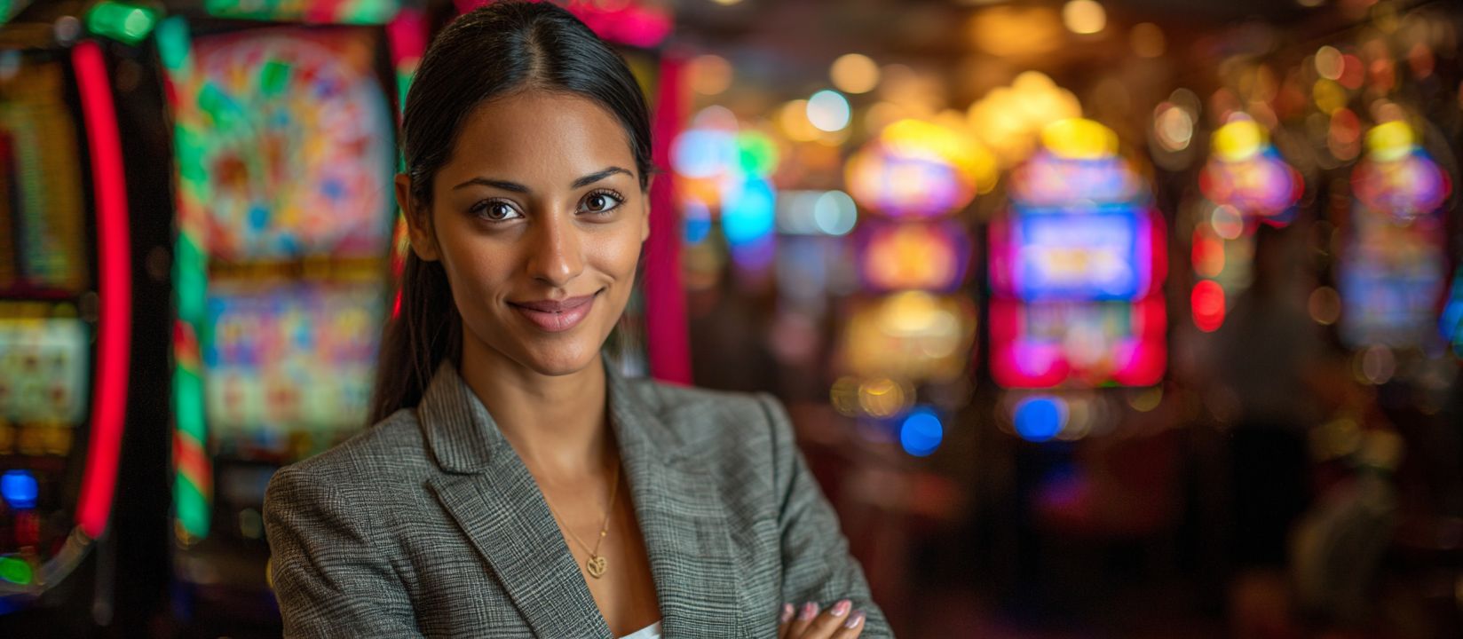 Login to 555WWW Casino and start your winning journey Confident businesswoman smiling inside 555WWW Casino with slot machines in the background