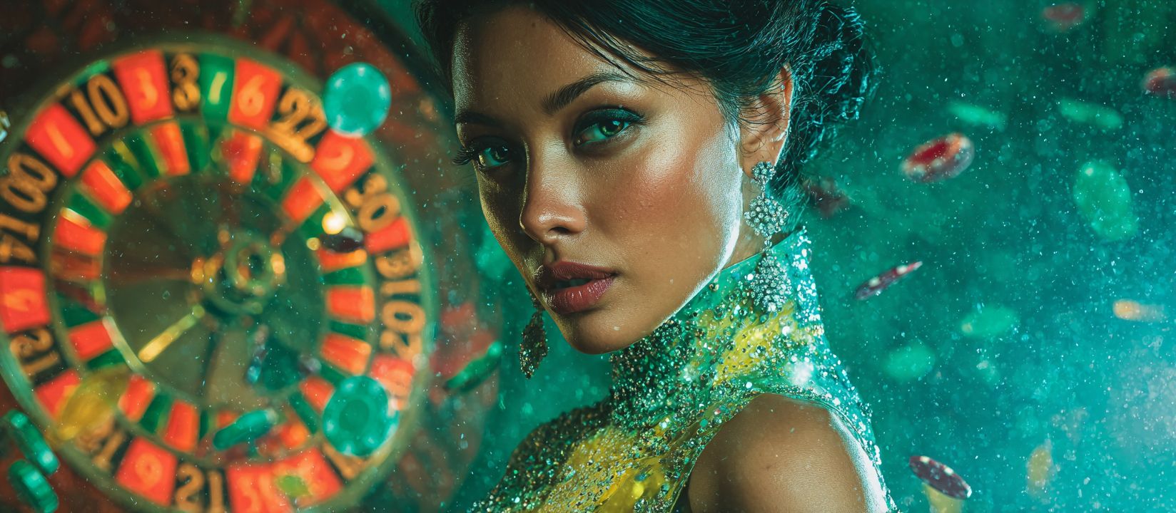 Join 555WWW Casino and feel the thrill of roulette Glamorous woman in sparkling dress standing near roulette wheel with casino chips flying around at 555WWW Casino