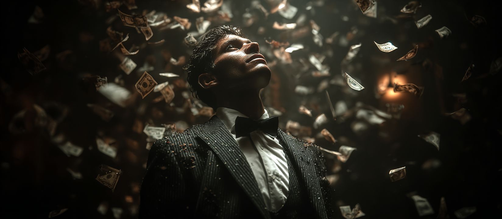 Play at 555WWW Casino and win real cash rewards Elegant man in tuxedo surrounded by falling money celebrating big win at 555WWW Casino