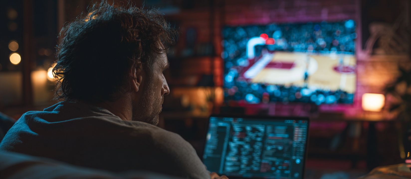 Bet on sports with 555WWW and enjoy real-time excitement Man watching live basketball game on TV while betting online with 555WWW Sportsbook